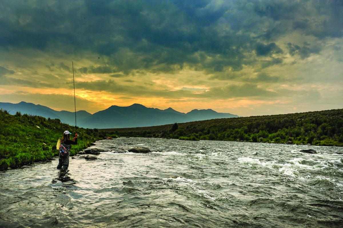 A fly angler casting into the upper Madison River under cloudy skies.