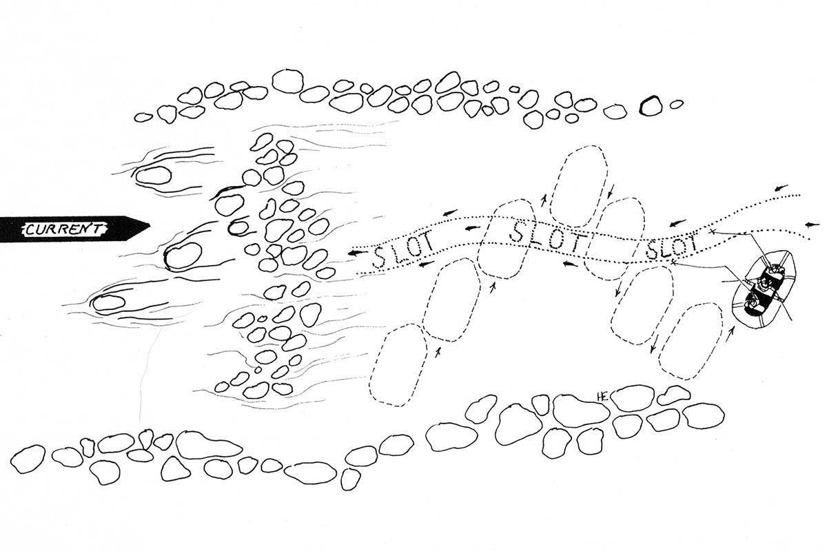 Pencil drawing of a raft working back and forth over a flat. 