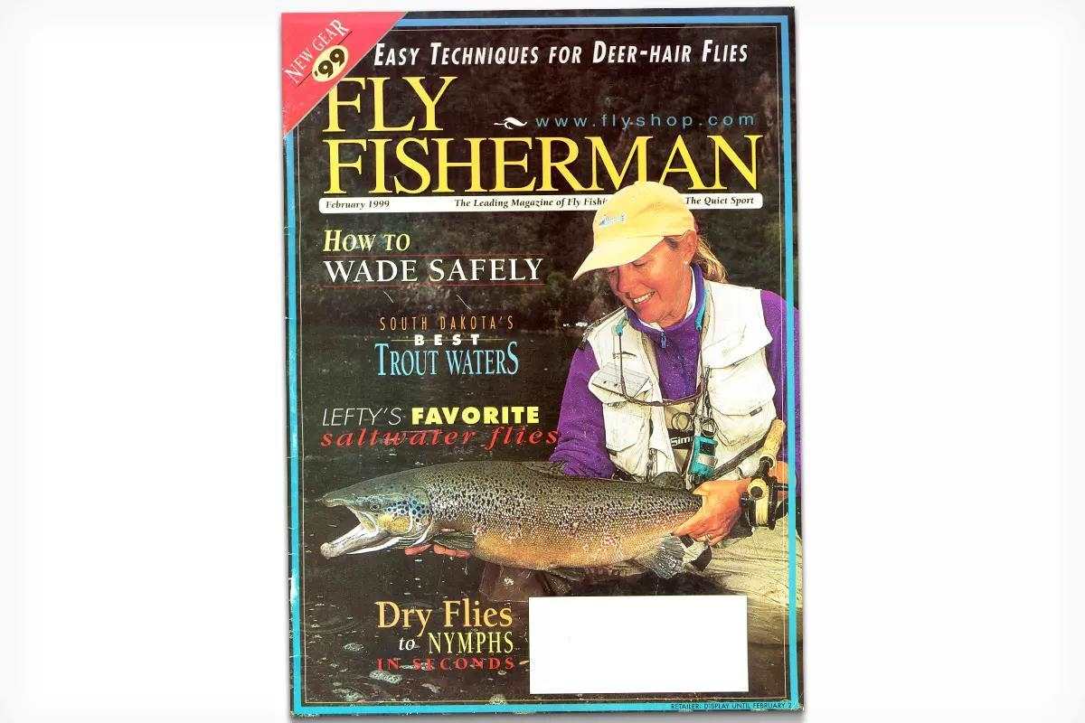 Cover of the February 1999 issue of Fly Fisherman featuring Cathy Beck holding a large brown trout.