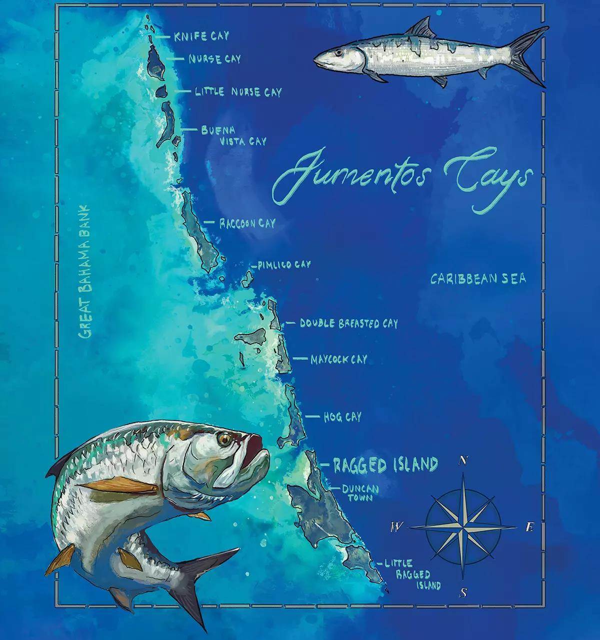 A hand-drawn map of the Jumentos Cays in the Bahamas. 