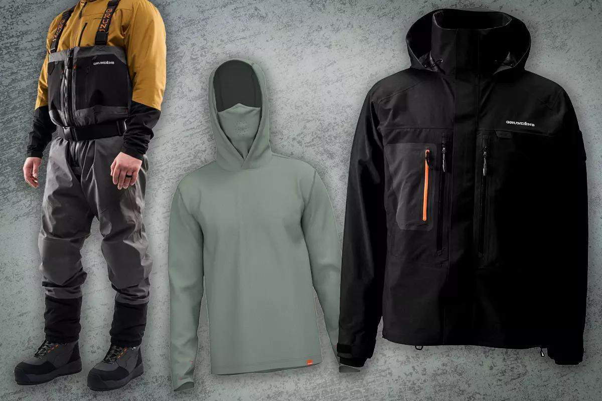 A collage of Grundens fishing gear and apparel. 