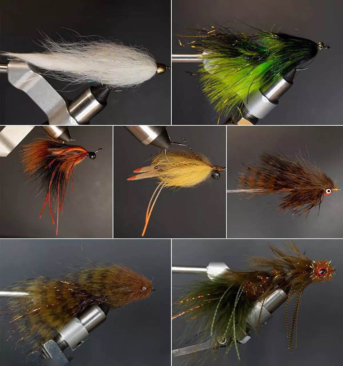 A collage of streamer flies in fly-tying vises. 