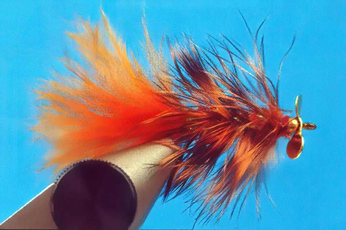 An orange and black Woolly Bugger variation with a spinner at the head, in a vise.