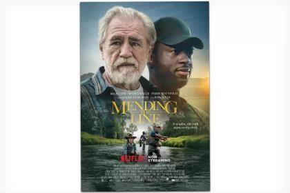 A movie poster for the film Mending the Line showing anglers fishing in a small stream with heads of actors superimposed.