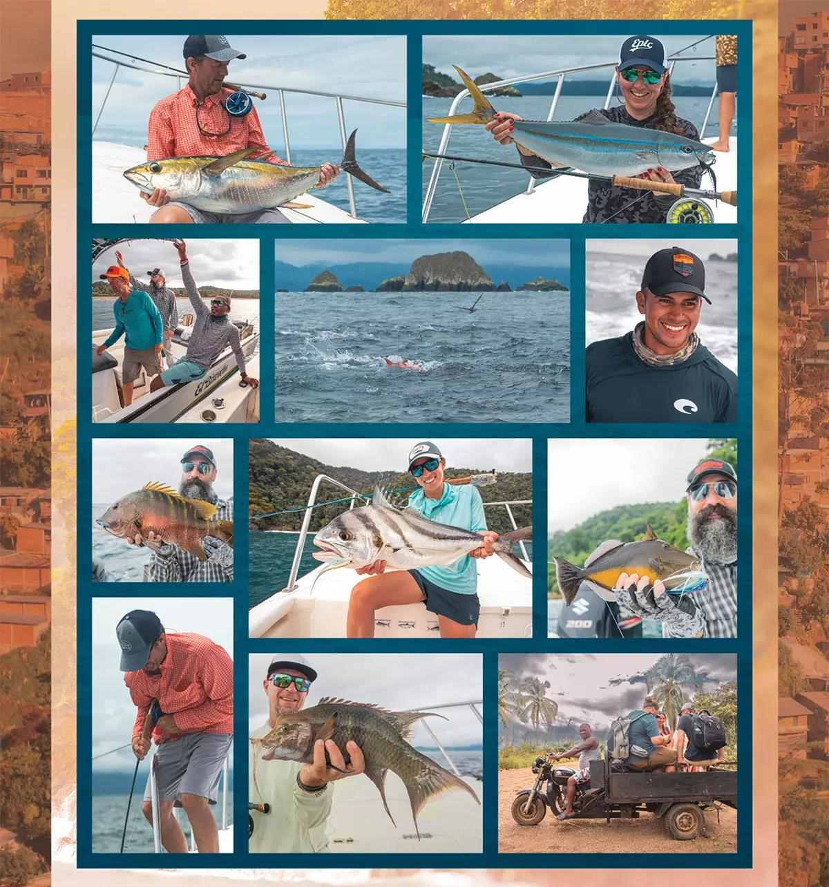 A collage of ocean fly-fishing images in Columbia. 