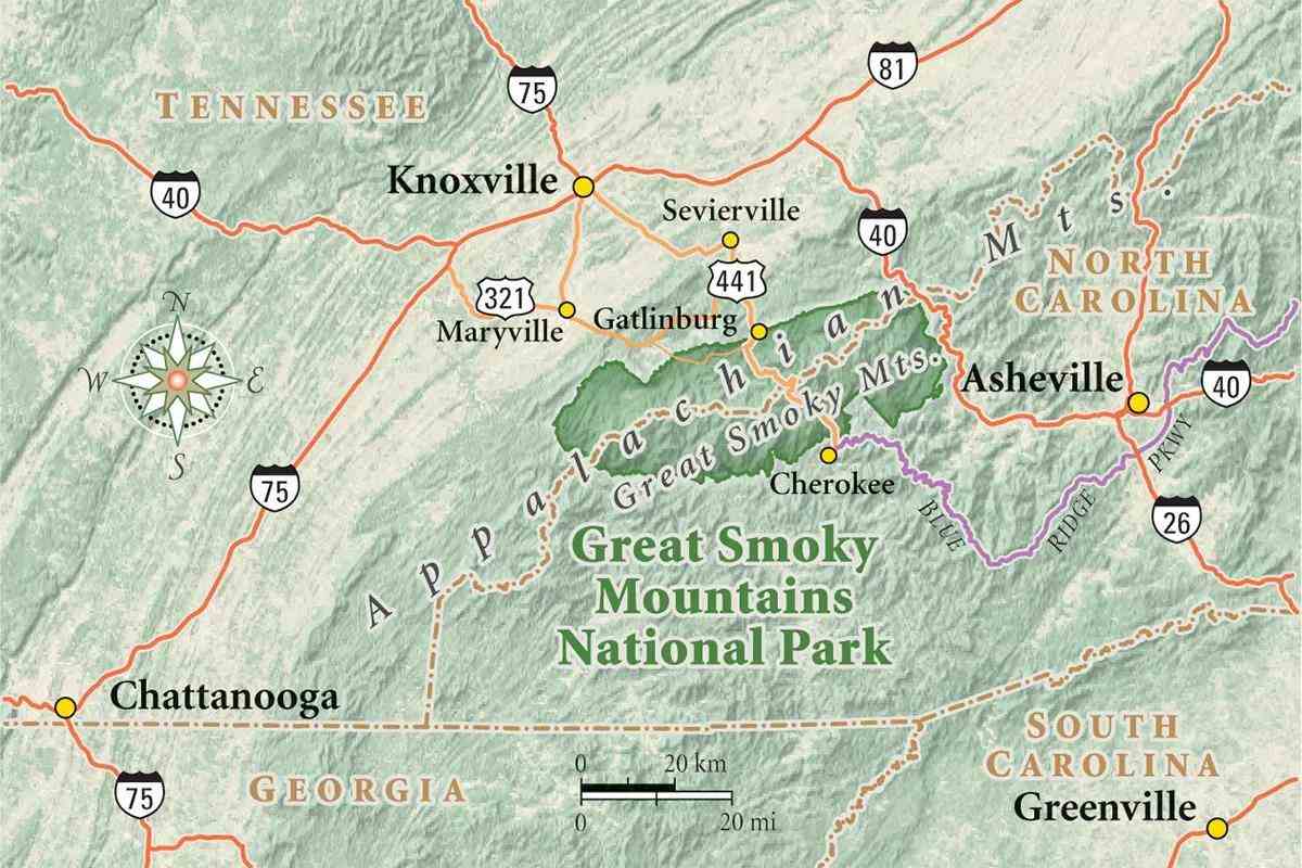 A locator map of Great Smoky Mountains National Park