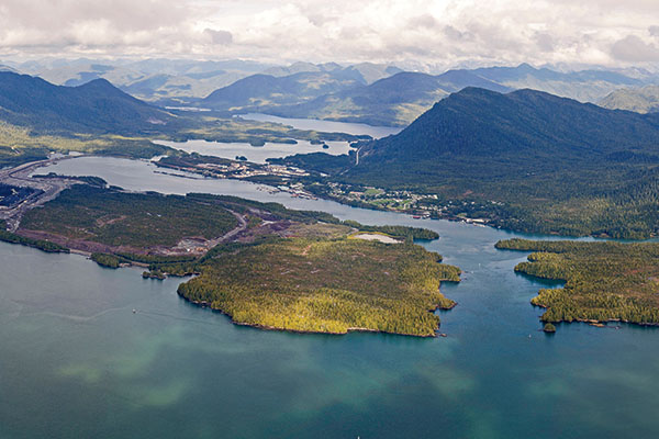 Aerial view of the mouth of the Skeena River in British Columbia