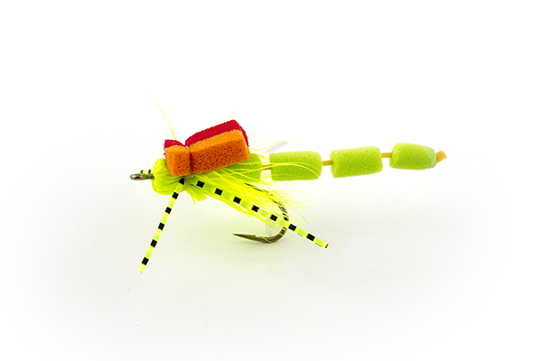 A segmented green foam fly that mimics damselflies