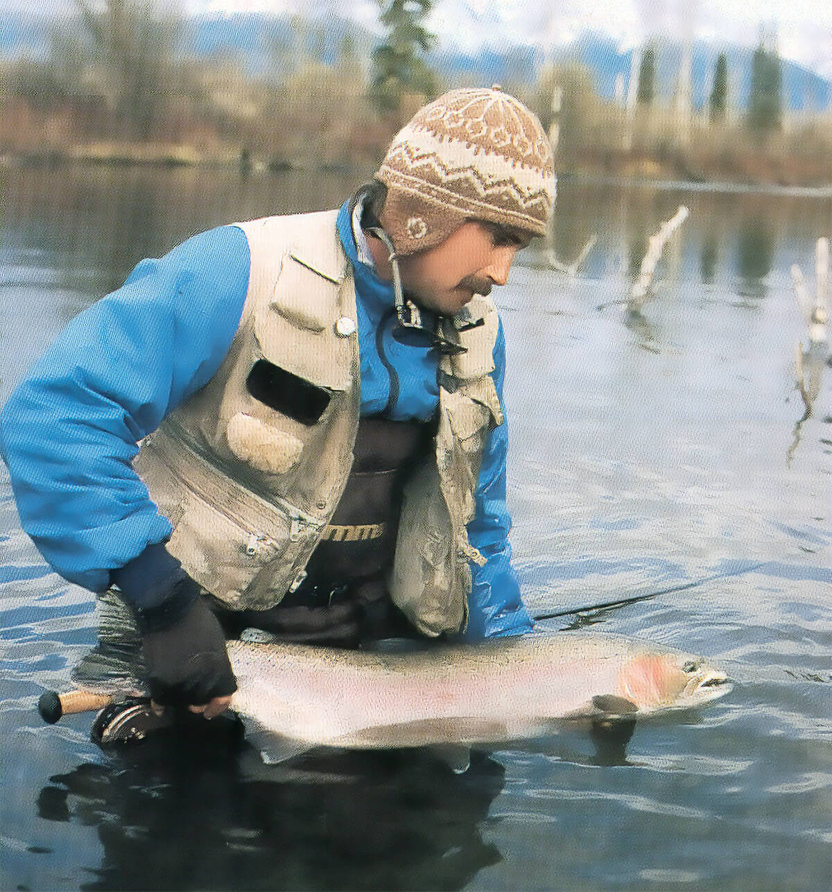 fly angler dressed in cold-weather gear holding a thick steelhead half in half out of the water
